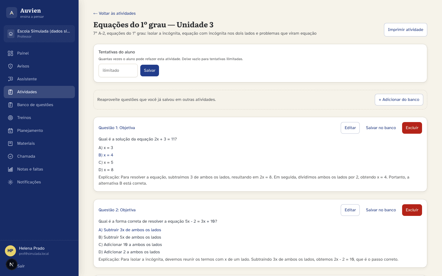 Rascunho de uma atividade sobre equações do 1º grau na tela do professor. Cada questão mostra as alternativas, a correta destacada, a explicação e os botões para editar, salvar no banco de questões e excluir.